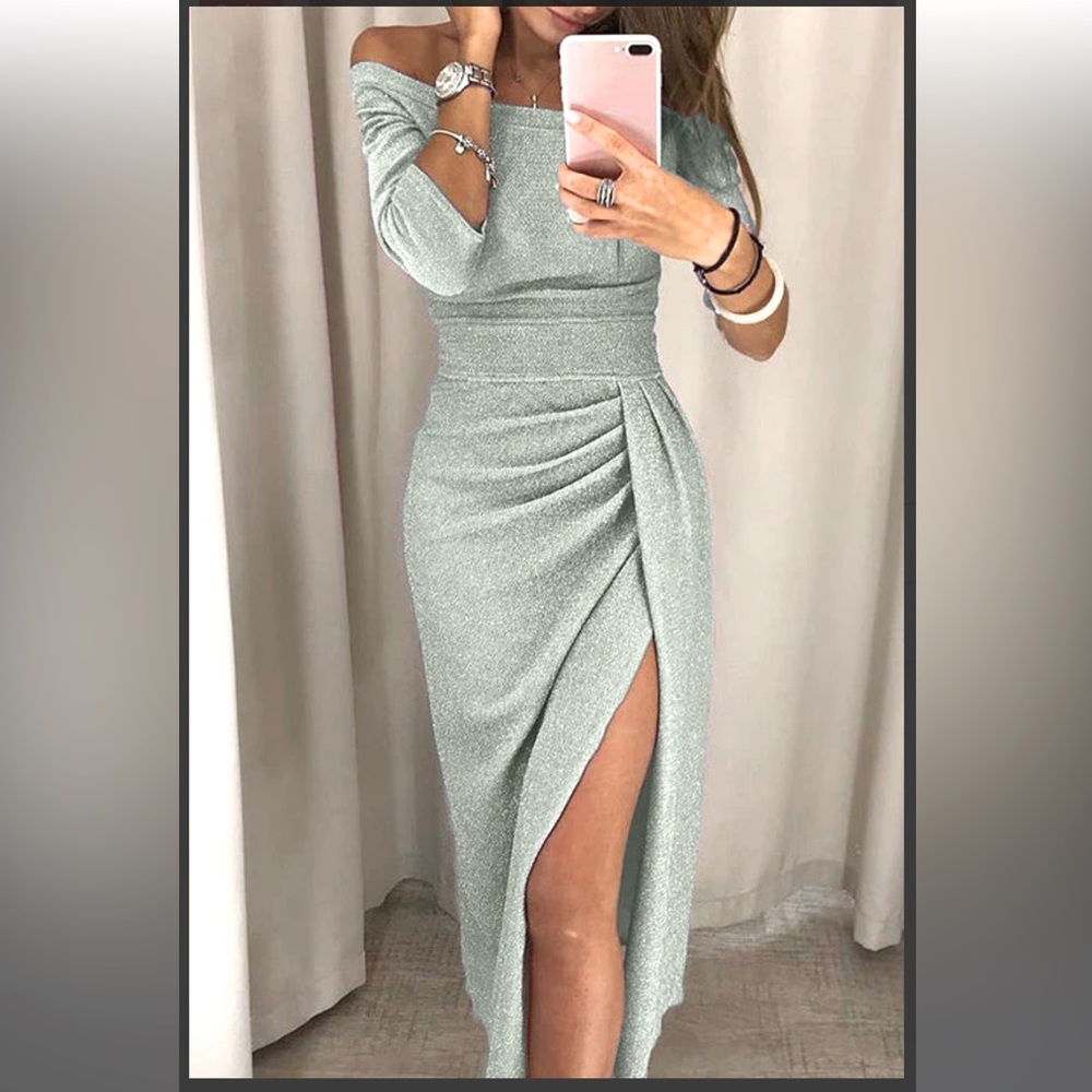 Large Women’s Off the Shoulder Dress Metallic Silver/Teal